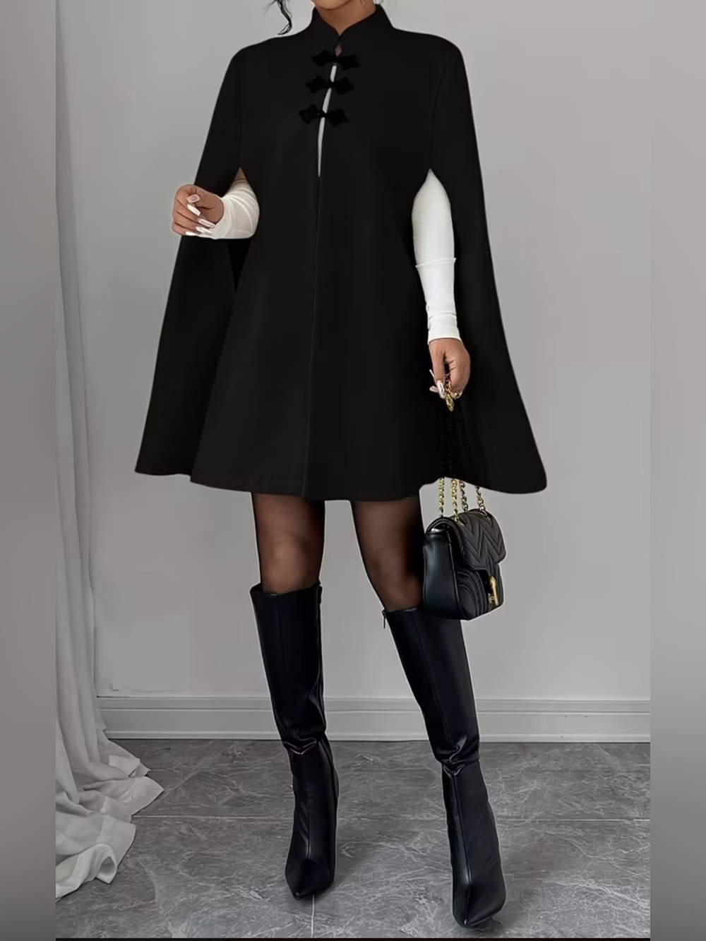 New Black Cape Coat with Mandarin Collar